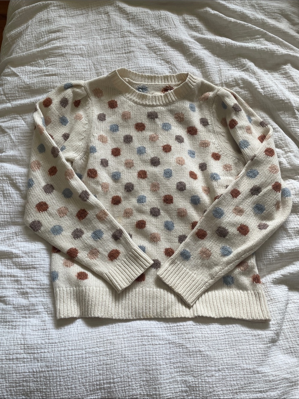 Rebecca Taylor Cream Polka Dot Crewneck Sweater with Rust, Blue & Blush Dots
